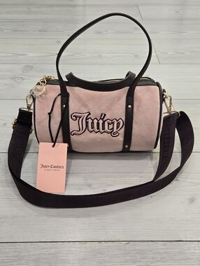 Juicy Couture Pink Suede Barrel Crossbody with Brown Trim